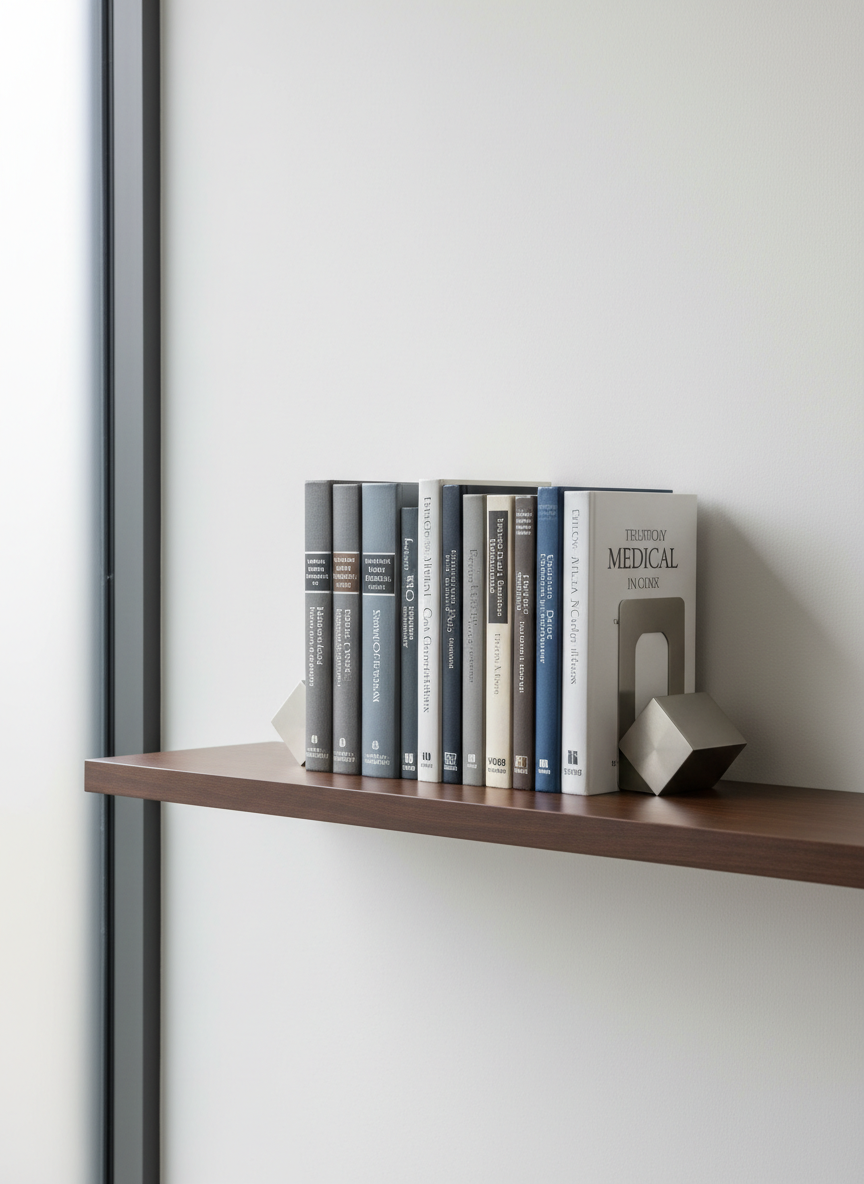 A meticulously arranged cluster of sleek, modern hardcover medical textbooks in muted charcoal, slate, and soft ivory tones, with crisp metallic lettering embossed on the spines. The books are aligned neatly on a sturdy, matte-finish wooden shelf featuring simple geometric bookends. This arrangement is placed against a smooth, off-white wall in a well-lit office environment. Soft, diffused natural light from a frosted glass window bathes the scene, accentuating the clean lines and creating gentle, even shadows. The mood is calm and intellectually stimulating, promoting focus. Captured from an eye-level perspective with sharp focus throughout, the image style is photographic realism with a structured, professional, and corporate visual identity—ideal for representing healthcare education resources.
