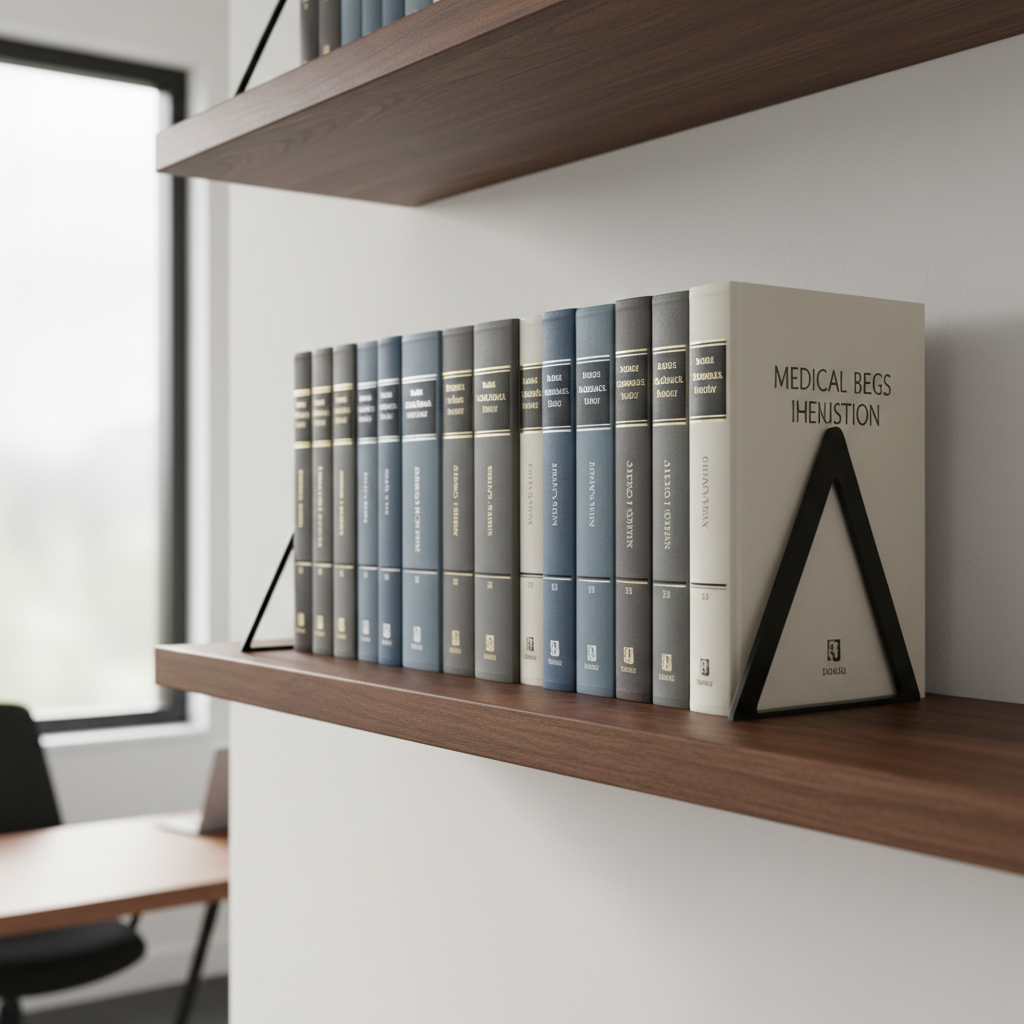 A meticulously arranged cluster of sleek, modern hardcover medical textbooks in muted charcoal, slate, and soft ivory tones, with crisp metallic lettering embossed on the spines. The books are aligned neatly on a sturdy, matte-finish wooden shelf featuring simple geometric bookends. This arrangement is placed against a smooth, off-white wall in a well-lit office environment. Soft, diffused natural light from a frosted glass window bathes the scene, accentuating the clean lines and creating gentle, even shadows. The mood is calm and intellectually stimulating, promoting focus. Captured from an eye-level perspective with sharp focus throughout, the image style is photographic realism with a structured, professional, and corporate visual identity—ideal for representing healthcare education resources.